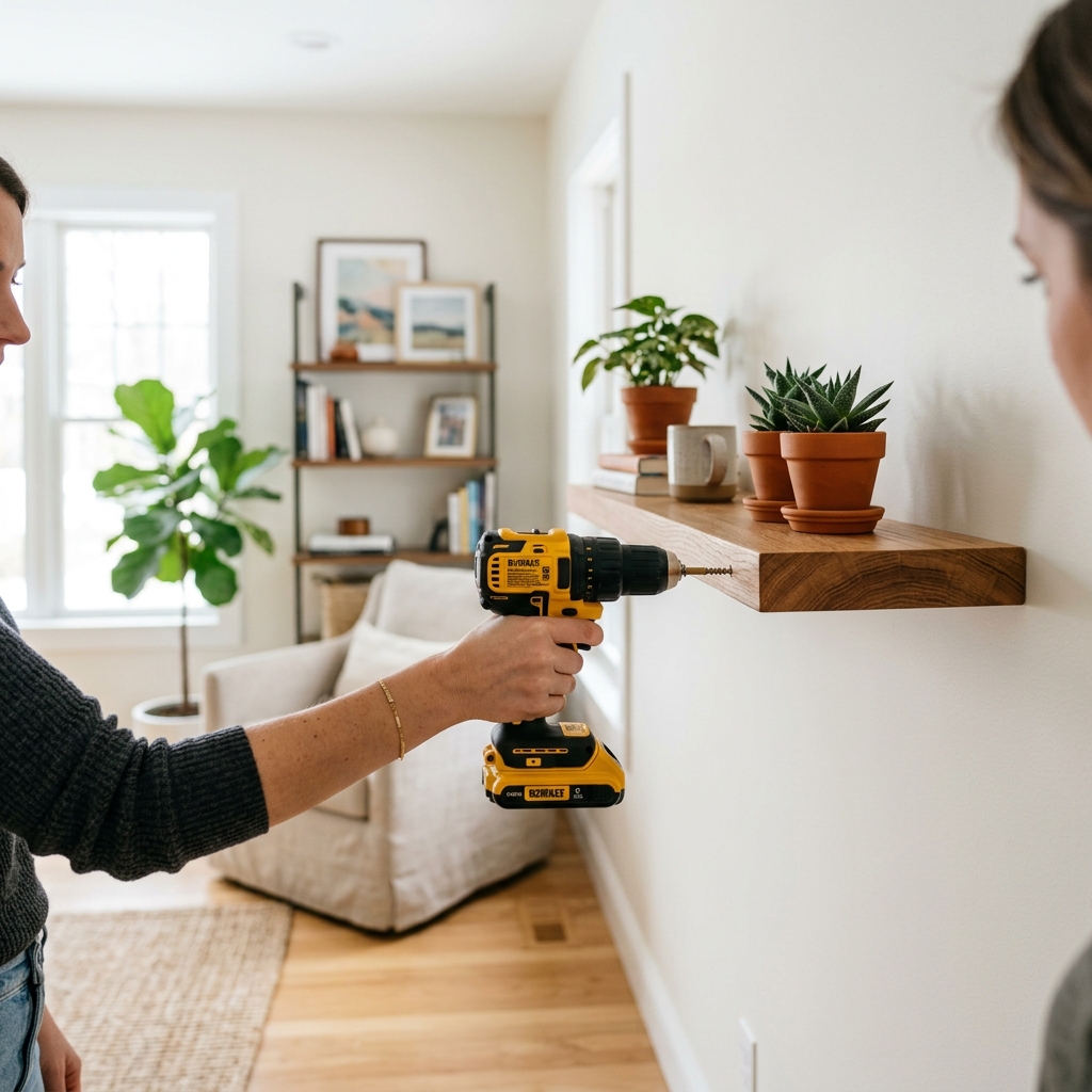 Pessoa utilizando ferramenta em prateleira de madeira